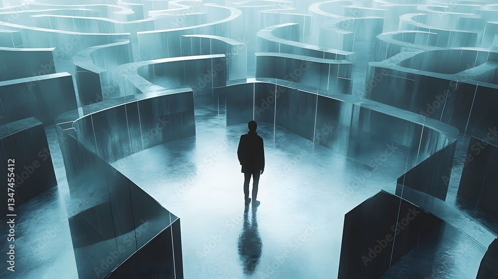 Poster a solitary figure standing in the middle of a complex maze. the person appears to be contemplating t