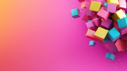 Colorful Cubes Explosion - Vibrant 3D of colorful cubes exploding against a pink gradient background. Perfect for modern designs