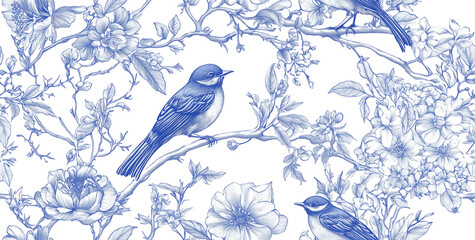 Blue floral and bird sketch pattern with intricate botanical detailing