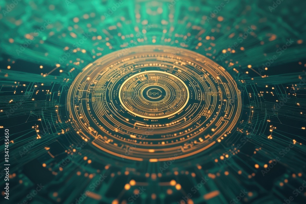 Poster digital circuitry design with glowing patterns in vibrant green and gold tones captured in a modern 
