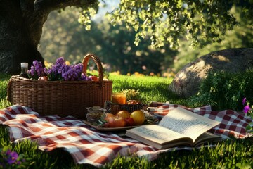 Charming picnic arrangement under a tree with flowers, fruits, and a book in a serene outdoor setting during daylight