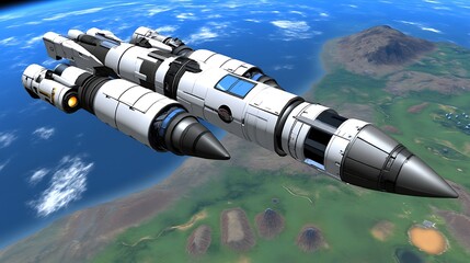Fototapeta premium Futuristic Spacecraft Traveling Across Earths Atmosphere Towards Orbit