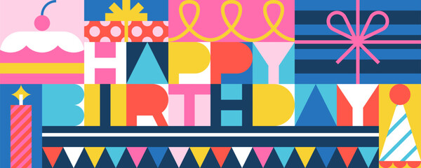 Happy Birthday holiday lettering. Vector cake, gift box illustration. Greeting card party invitation banner print design