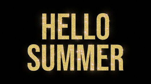 Hello summer. Golden text with bright sparkles and glittering particles. Motion graphic shape animation.
