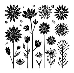 Seamless floral pattern, Black and white flowers, set of black and white flowers