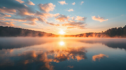 Obraz premium Serene Sunrise Over Misty Lake