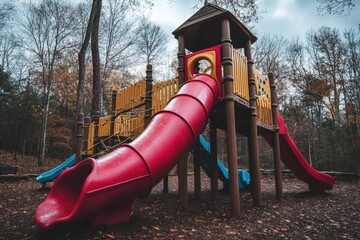 A playground structure with a long red slide dominates this autumnal scene, nestled amongst the colorful trees.