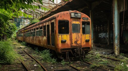 Obraz premium Abandoned rusty train in overgrown railway station