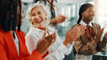 Applause, happy and meeting with business women in office for workshop, success and celebration....