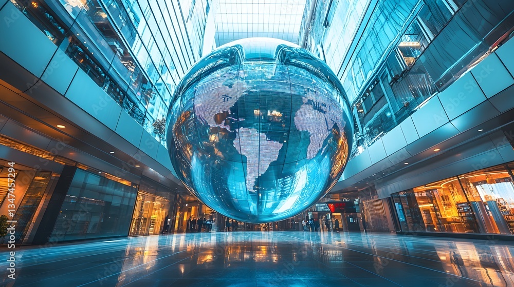 Poster an eye-level shot of an abstract sphere-shaped globe, surrounded by modern architecture, capturing the essence of globalization and interconnectedness