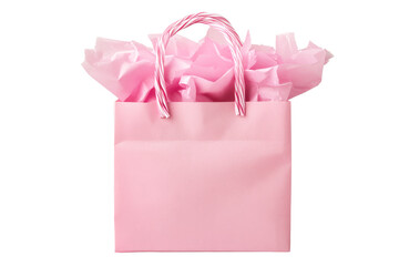 Pink gift bag with striped handles and tissue paper, cut out transparent
