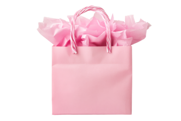 Pink gift bag with striped handles and tissue paper, cut out transparent