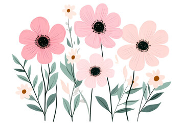 Naklejka premium Pink flowers and leaves illustration with black background, cut out transparent