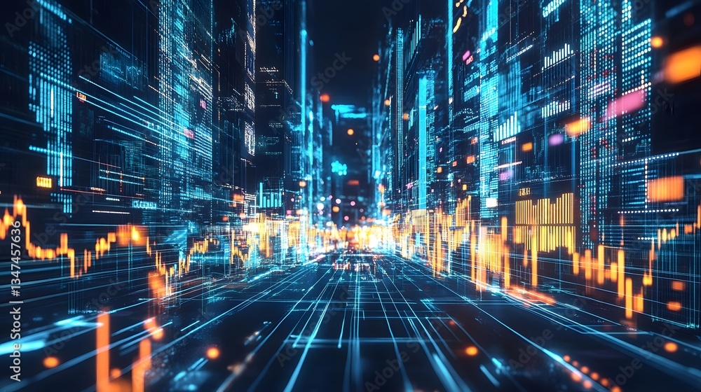 Poster a futuristic cityscape with digital data streams and a stock market graph overlay. the scene is a vi