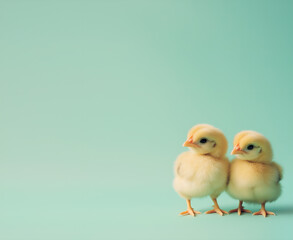 Two cute fluffy chicks on a turquoise background.