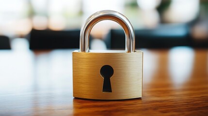 Shiny gold padlock on a wooden table symbolizing safety and security concept