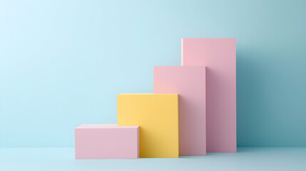 Colorful Geometric Shapes Arranged Against A Light Blue Background In Studio Style