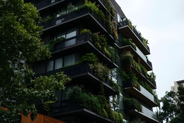 Obraz premium Urban architecture meets nature in a modern building adorned with vibrant greenery during a cloudy afternoon Generative AI