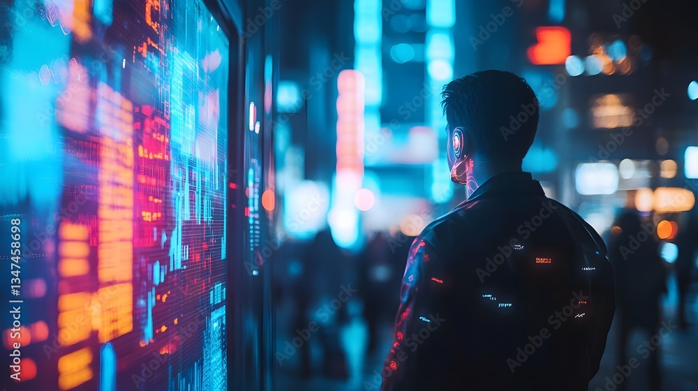 Poster a man gazing at a digital display illuminated with data projections within a city. he is looking at 