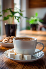 Cozy cup of hot drink with marshmallows on a wooden table in soft light.