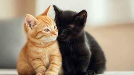 National Pet Day, Adorable Ginger and Black Kittens Cuddling Close Together Sweet Companionship
