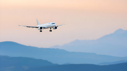 Airplane Landing Over Misty Mountains At Sunset