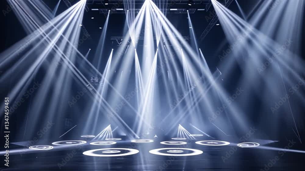 Poster dramatic stage lighting design with bright beams illuminating dark spaces, creating electric atmosph