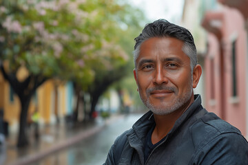 Portrait of an elderly Latin American man on a quiet city street in spring.