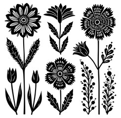 Seamless floral pattern, Black and white flowers, set of black and white flowers