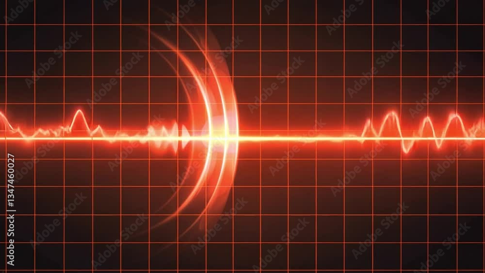 Poster digital sound wave visualization in red and black, showcasing audio frequency patterns and amplitude