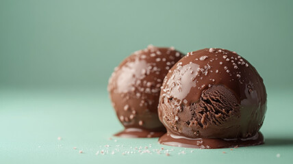 Two scoops of chocolate ice cream with sea salt on green background.