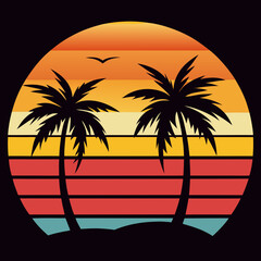 Sunset Stripes with Palm Trees Retro Tropical Aesthetic Vector Art