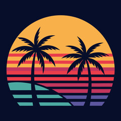 Sunset Stripes with Palm Trees Retro Tropical Aesthetic Vector Art