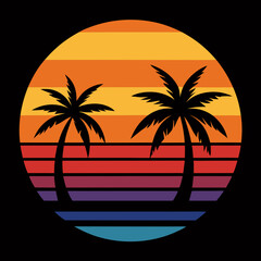 Obraz premium Sunset Stripes with Palm Trees Retro Tropical Aesthetic Vector Art