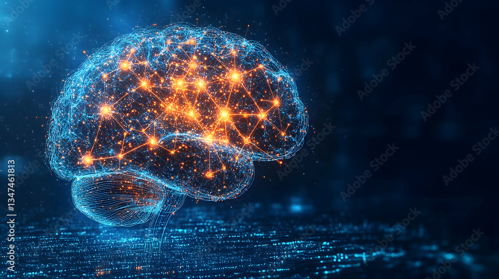 Poster abstract human brain with interconnected glowing synapses and digital electric pulses on a deep blue