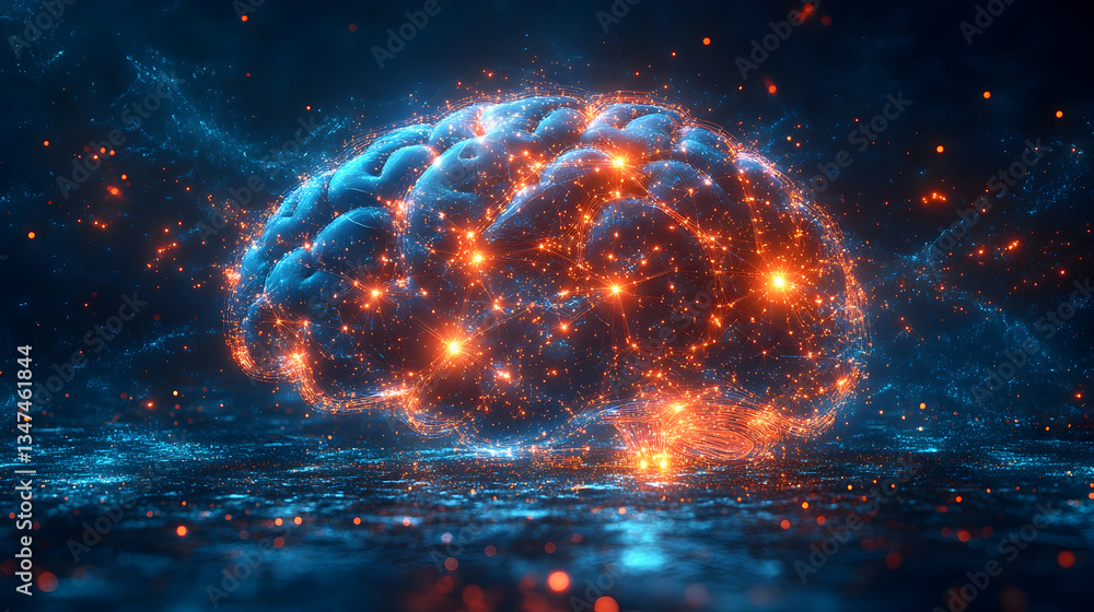 Poster abstract human brain with interconnected glowing synapses and digital electric pulses on a deep blue