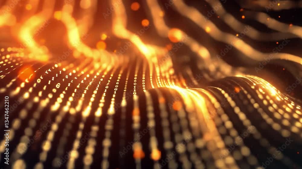 Poster digital waves of binary code an abstract technology background of flowing orange and gold tones, sho