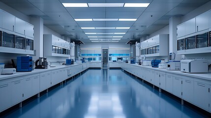 Sterile medical research facility empty lab benches ample copy space for pharmaceutical branding
