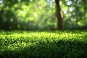 Fototapeta premium Fresh Green Grass in Sunlight with Trees Creates a Serene Scene