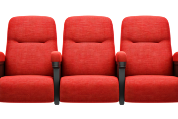 Three red velvet theatre chairs, seats, armchair, cinema, auditorium, cut out transparent