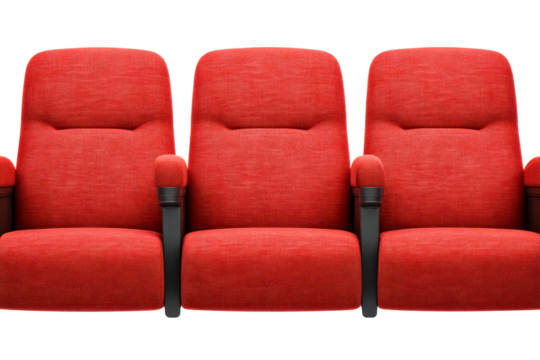 Three red velvet theatre chairs, seats, armchair, cinema, auditorium, cut out transparent