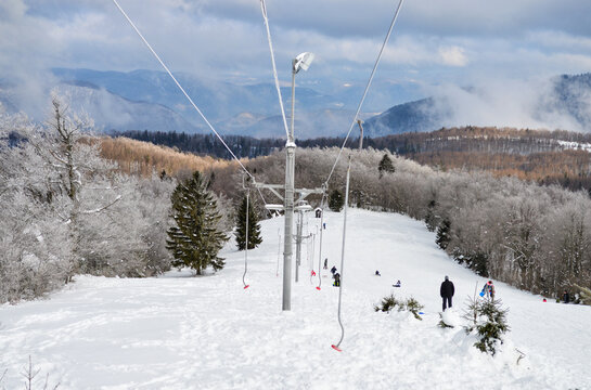 Slope with ski lift  at mountain center Petehovac