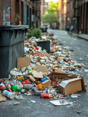 Fototapeta premium Urban alley filled with garbage and litter, highlighting pollution.