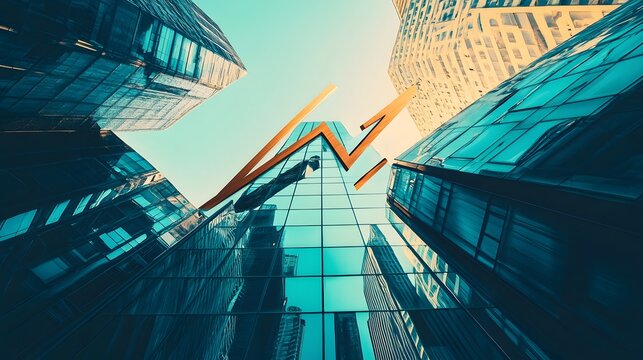 skyscrapers with a growth symbol. The photo captures the modern cityscape of towering buildings. The symbol adds a hint of ambition
