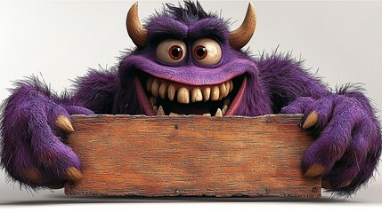 Cheerful Purple Monster Holding Blank Sign