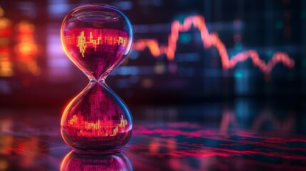 an hourglass filled with red sand against the backdrop of a financial chart, symbolizing the passage of time and market fluctuations.
