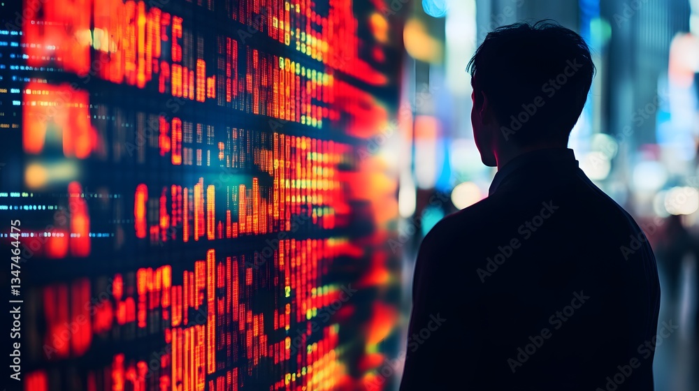 Poster a person staring at an illuminated digital display with code, reflecting modern technology and data 