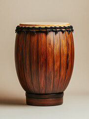 Photograph of a wooden drum with a warm finish.