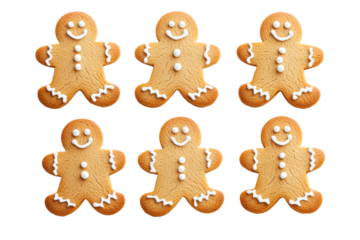 Six Gingerbread man cookies, flat lay display, holiday theme, cut out transparent