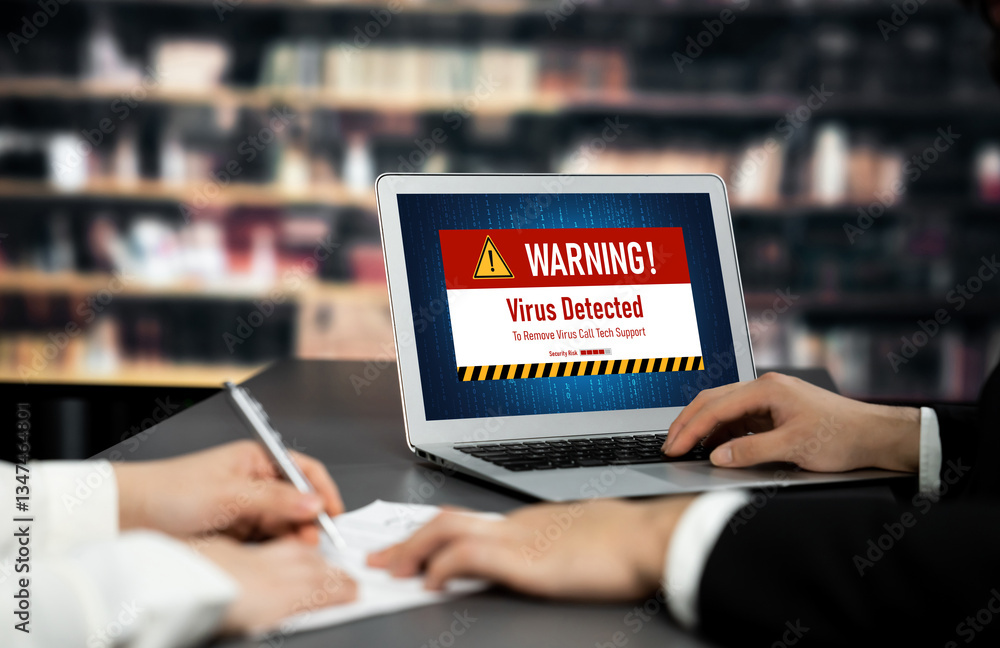 Poster virus warning alert on computer screen detected brisk cyber threat , hacker, computer virus and malw